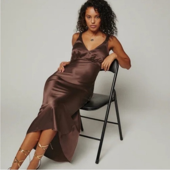Reformation Daytona Silk Dress in Cafe Brown Sleeveless Midi - Picture 1 of 9
